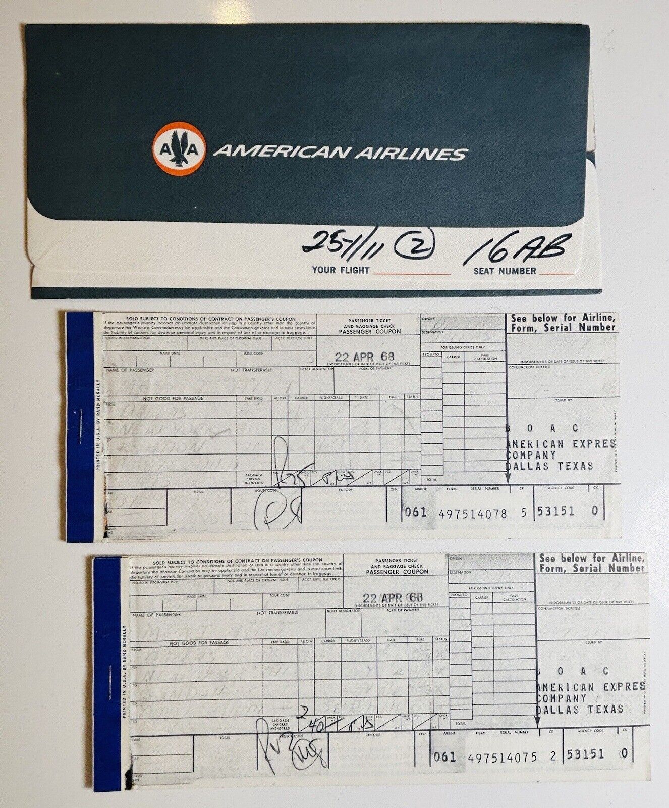 AIRLINE TICKET & JACKET: 1968 American Airlines - Dallas NY London Amsterdam