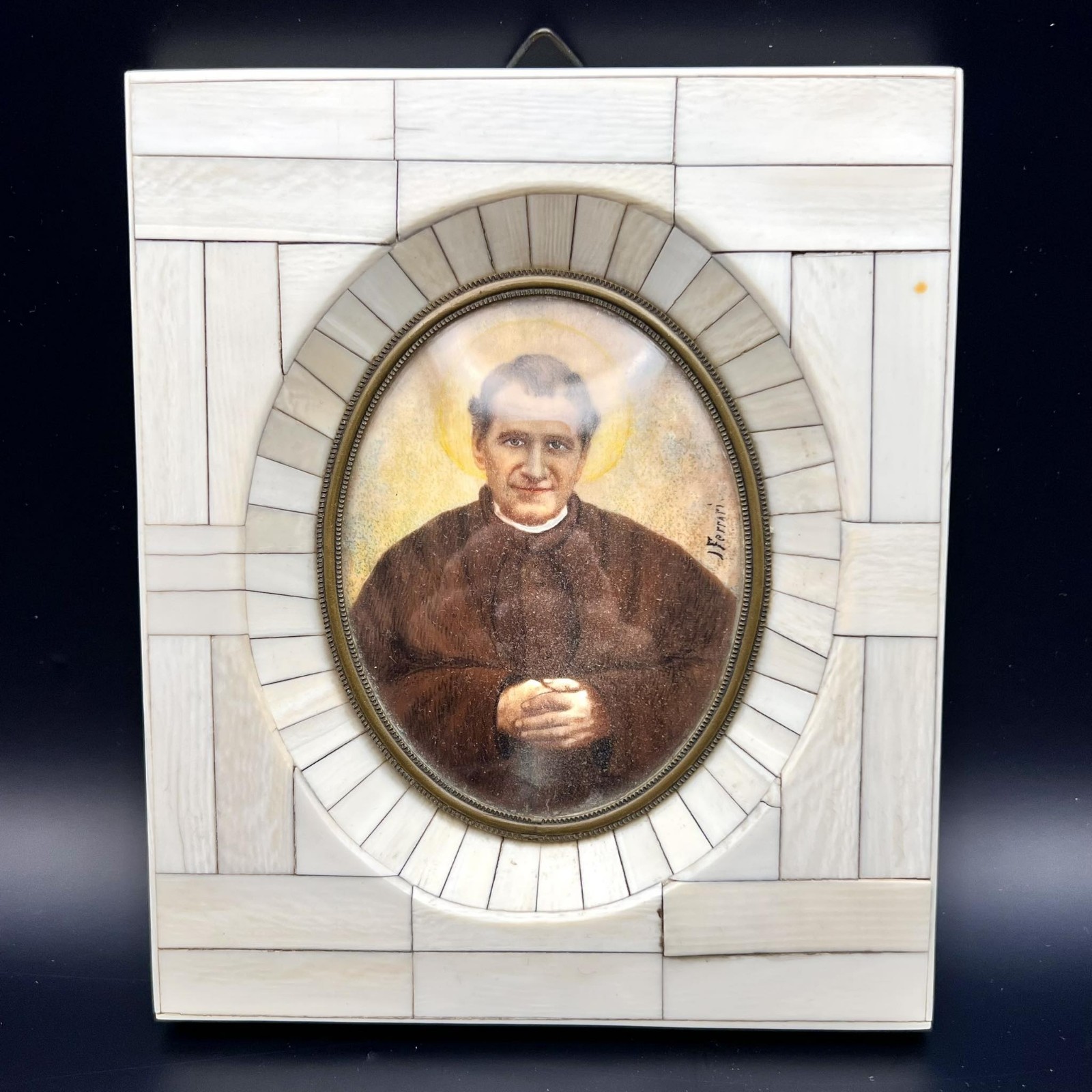 1890 Antique Cristian Hand-Painted Icon St. John Giovanni Bosco France Signed