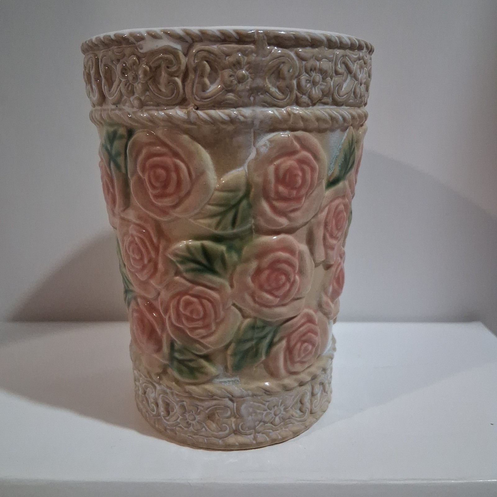 Vintage Ceramic Pink Rose 4.5 Inch Tumbler Planter Shabby Chic Cottagecore Vase