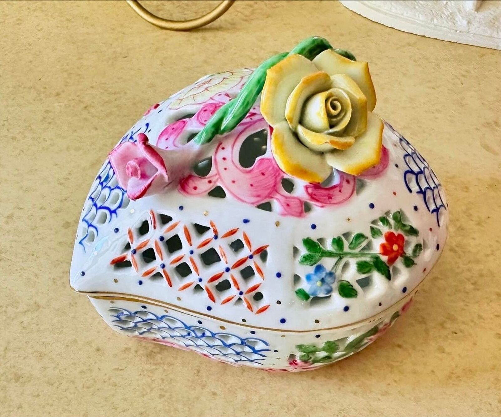 Vintage Heart Trinket Jewelry Holder Porcelain Crafted Rose