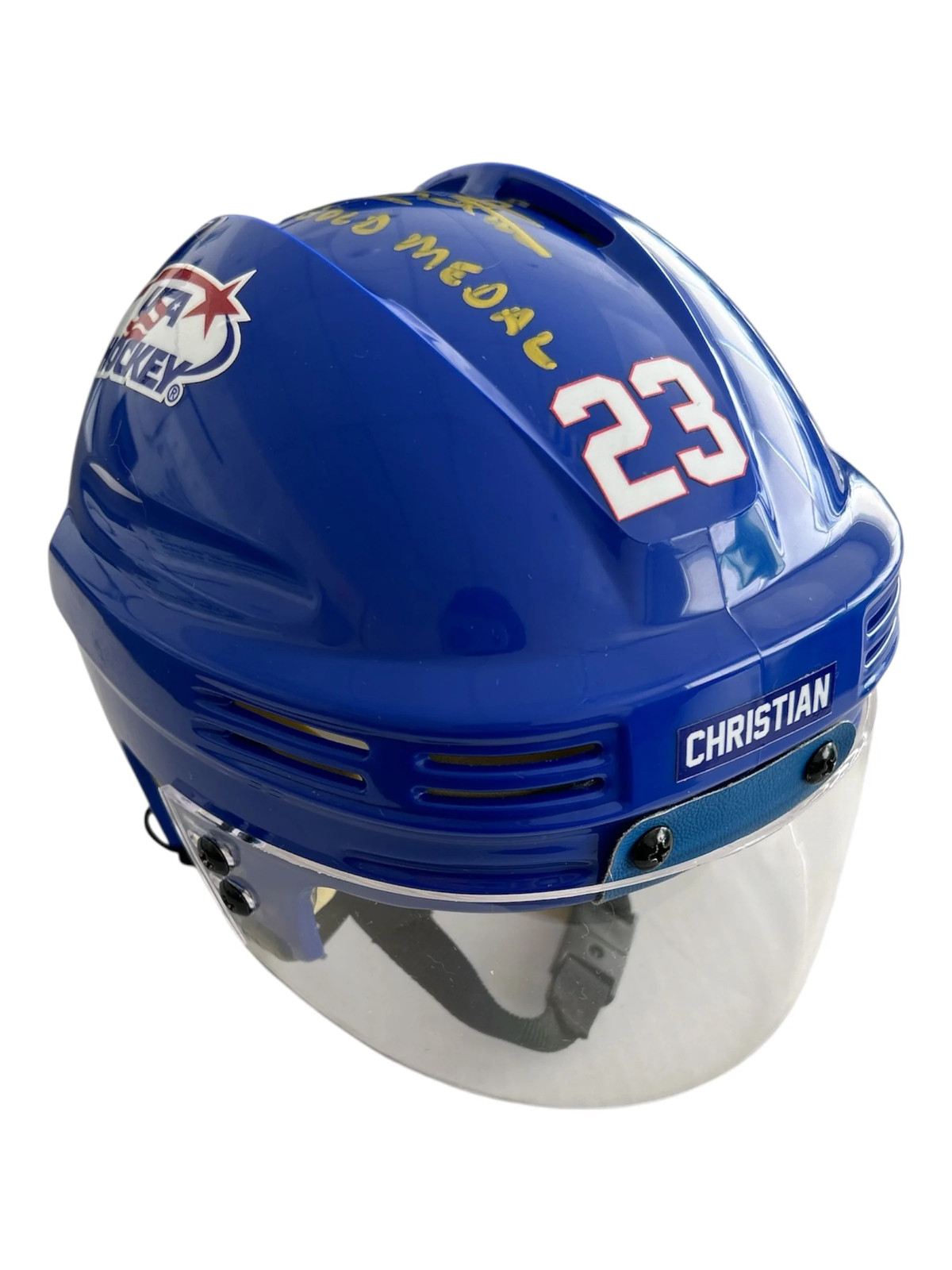 Dave Christian Signed USA Hockey  Miracle on Ice Blue Mini Hockey Helmet