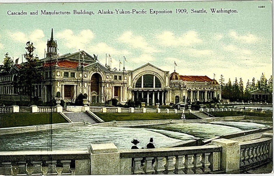 1909 Alaska-Yukon-Pacific Expo Postcard Cascades & MFG. Buildings, Seattle
