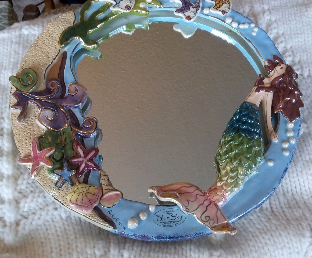 Blue Sky Clayworks Happy Mermaid 3D Wall Mirror Ocean Fish Nautical Starfish 12”