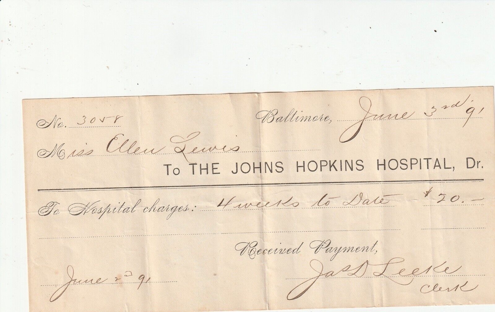 Johns Hopkins Hospital, Baltimore MD -- 1891 Receipt