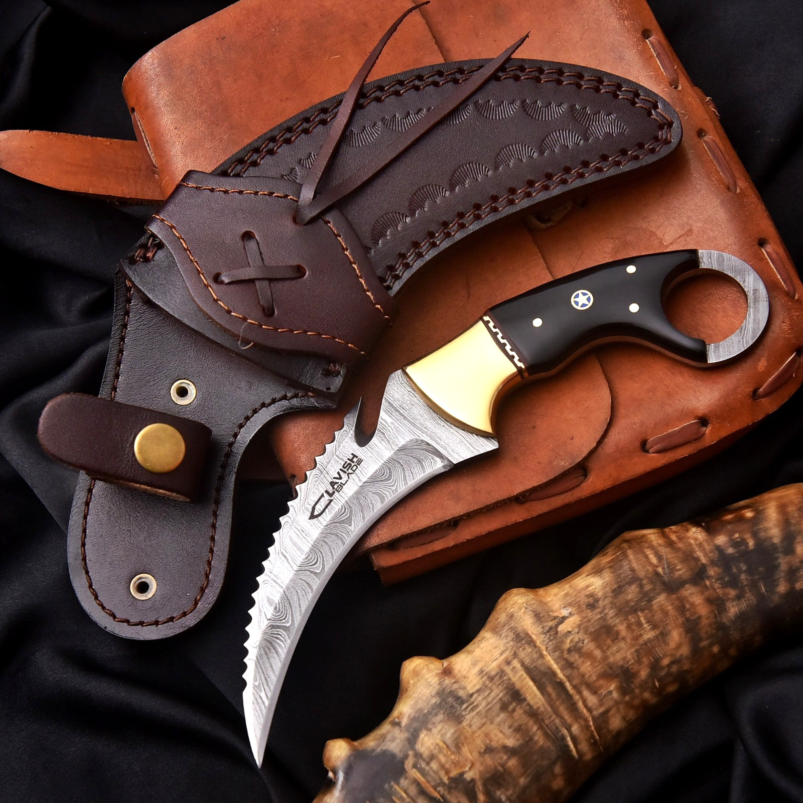 Handmade Damascus Karambit Hunting Knife Brass Resin handle with Sheath 
