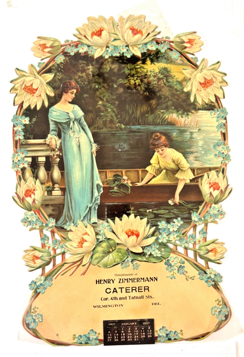 Gorgeous 1907  Large Die Cut Advertising Calendar  w/ Lovely Water Lilies *