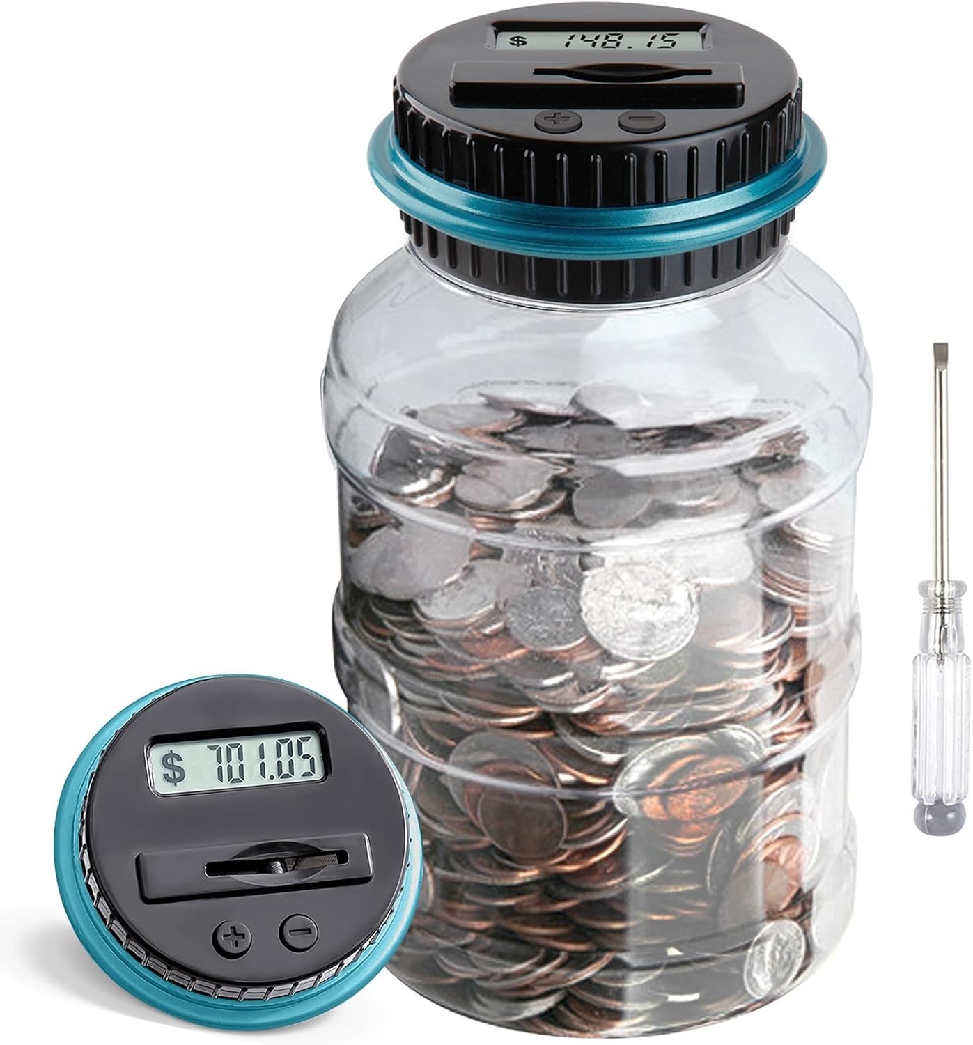 Vcertcpl Digital Coin Counting Piggy Bank, 1.8L Blue with LCD Counter