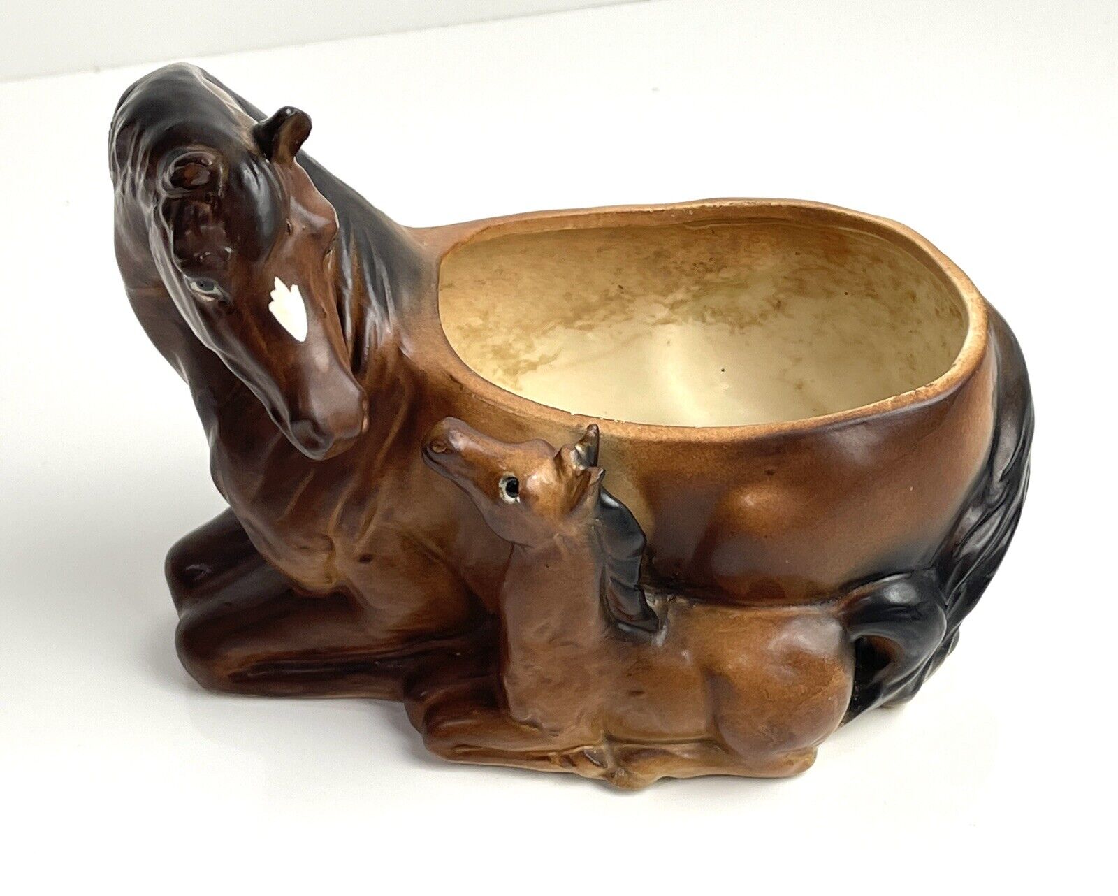 Horse Planter Vase Mother & Baby Foal Equestrian Decor Brown Ceramic Vintage