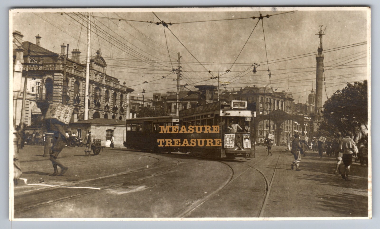 C.1940 SHANGHAI, CHINA, BUSY FRENCH BUND, TRAM TROLLEY SIGNS POSTERS PHOTO F23