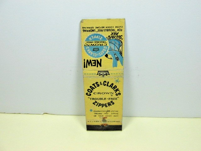 Vintage Coats & Clark\'s Crown Zippers Vintage Sewing Matchbook Cover Advertising