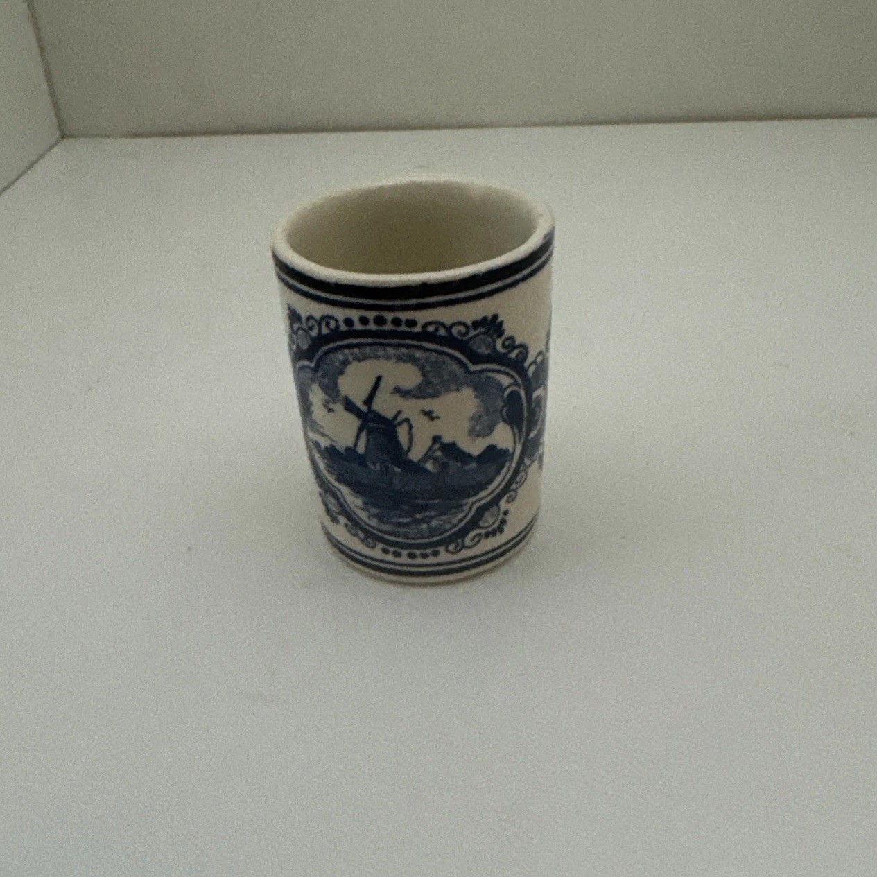Vintage Vandermint Delft Shot Glass Tooth Pick Holder Ceramic Transfer Windmill 