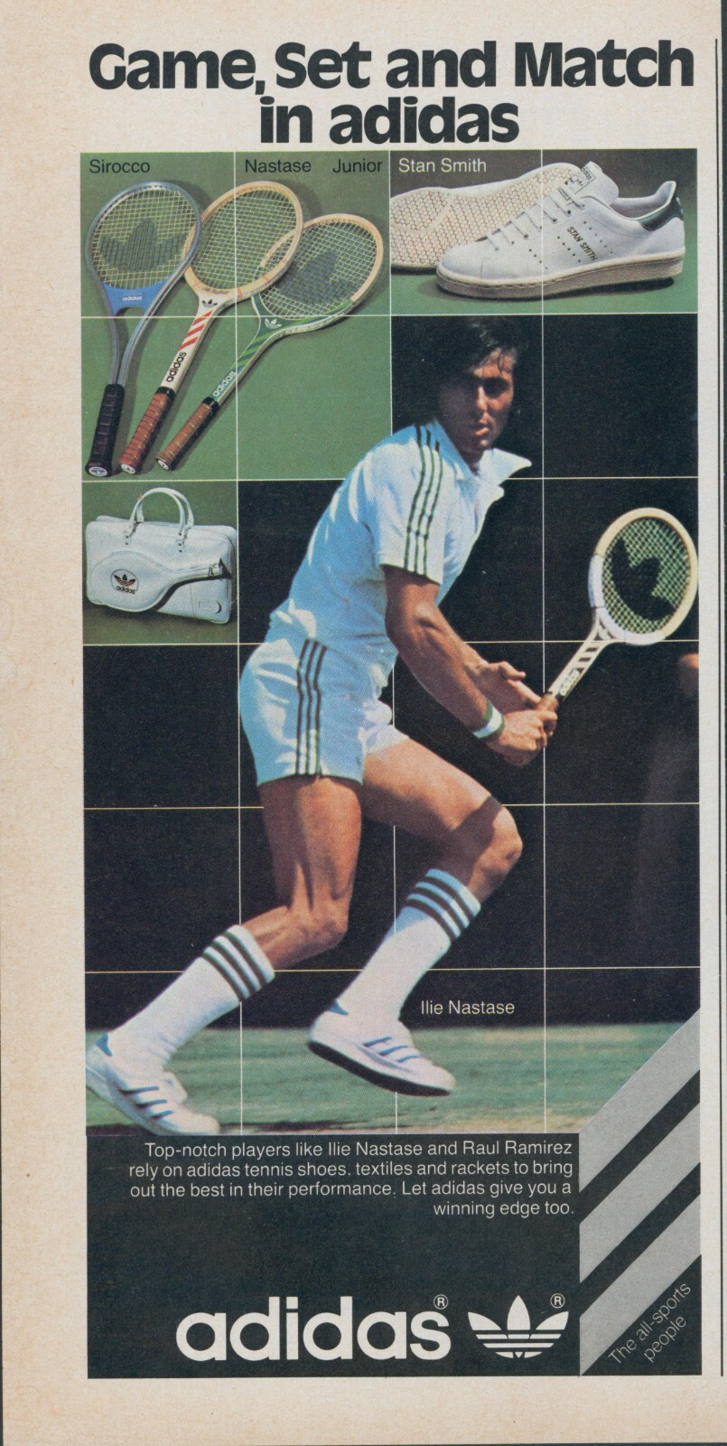 1978 Adidas Tennis Shoes Ilie Nastase Racket Stan Smith Vintage Print Ad SI1