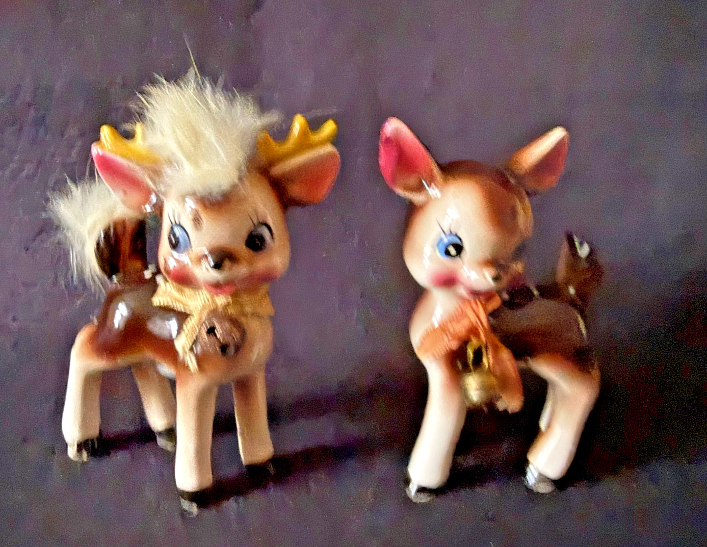 Vtg Commodore Christmas Reindeer Fawn Salt & Pepper Shakers Fluffy Fur Japan