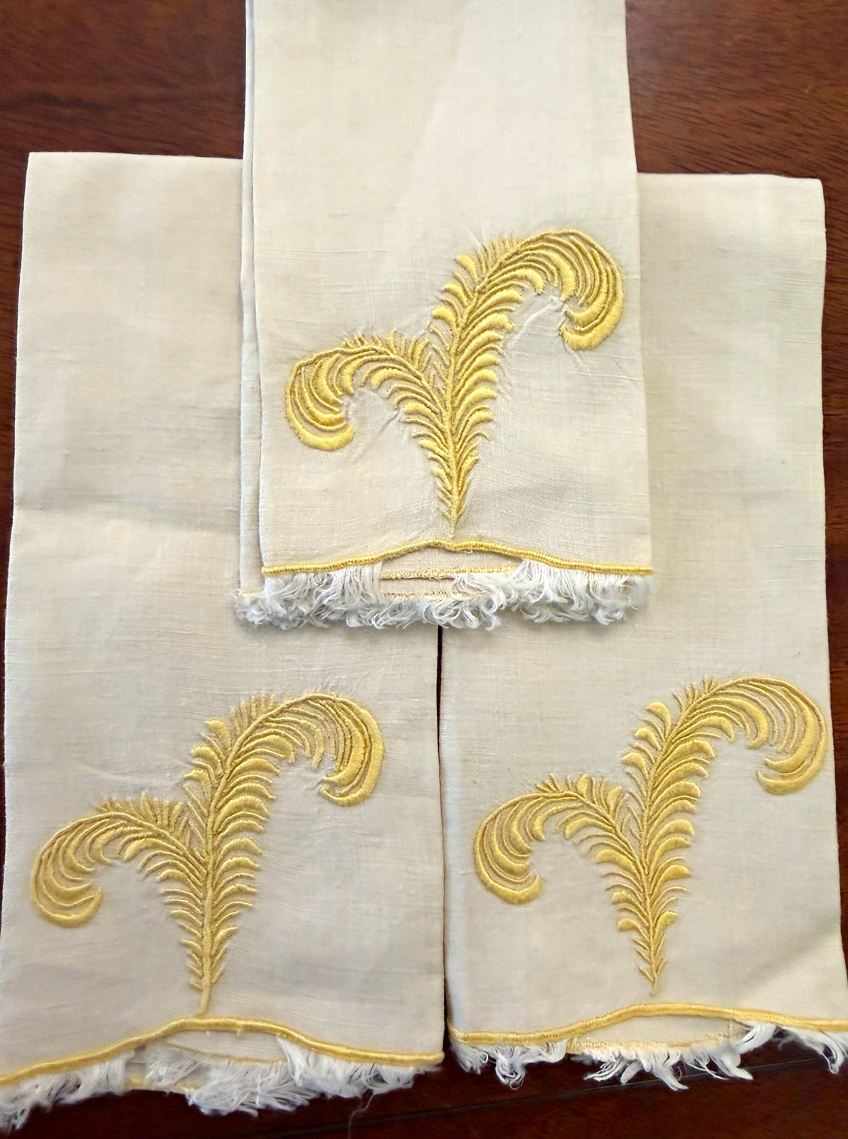 Rare 3 Vintage Marghab Plume Madeira Linen Fingertip Towels w/Eyelash Fringe