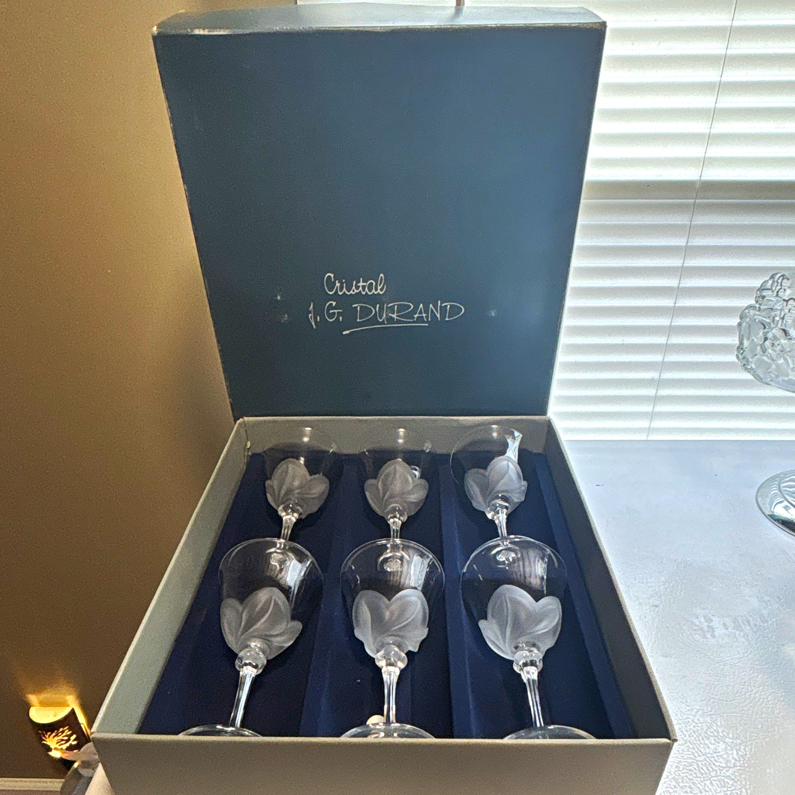 J.G. Durand Etched Stemmed Crystal Wine Glasses Set of 6 with Box