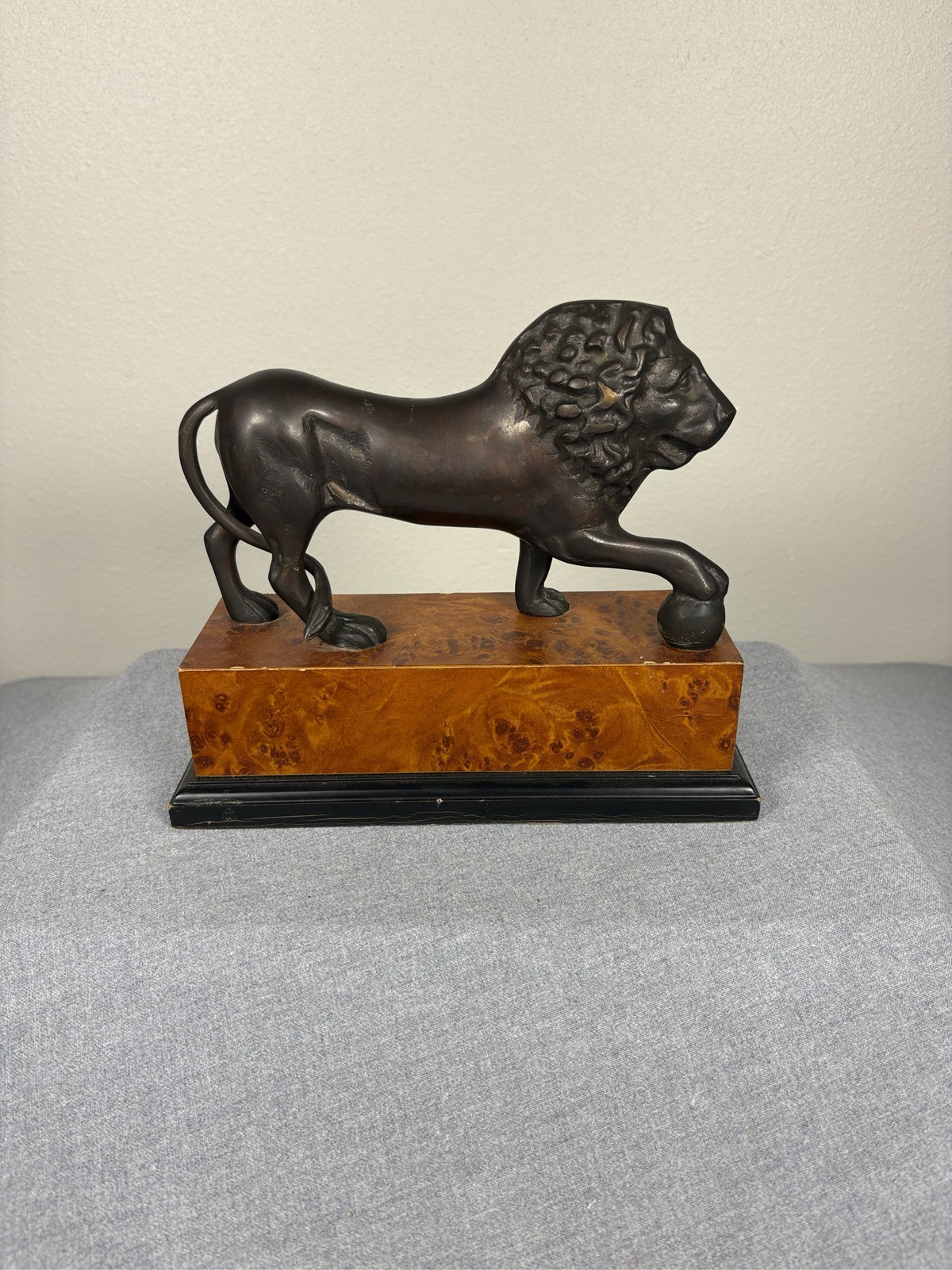 Vintage Bronze Lion Statue Sculpture Figurine on Burl Wood Base