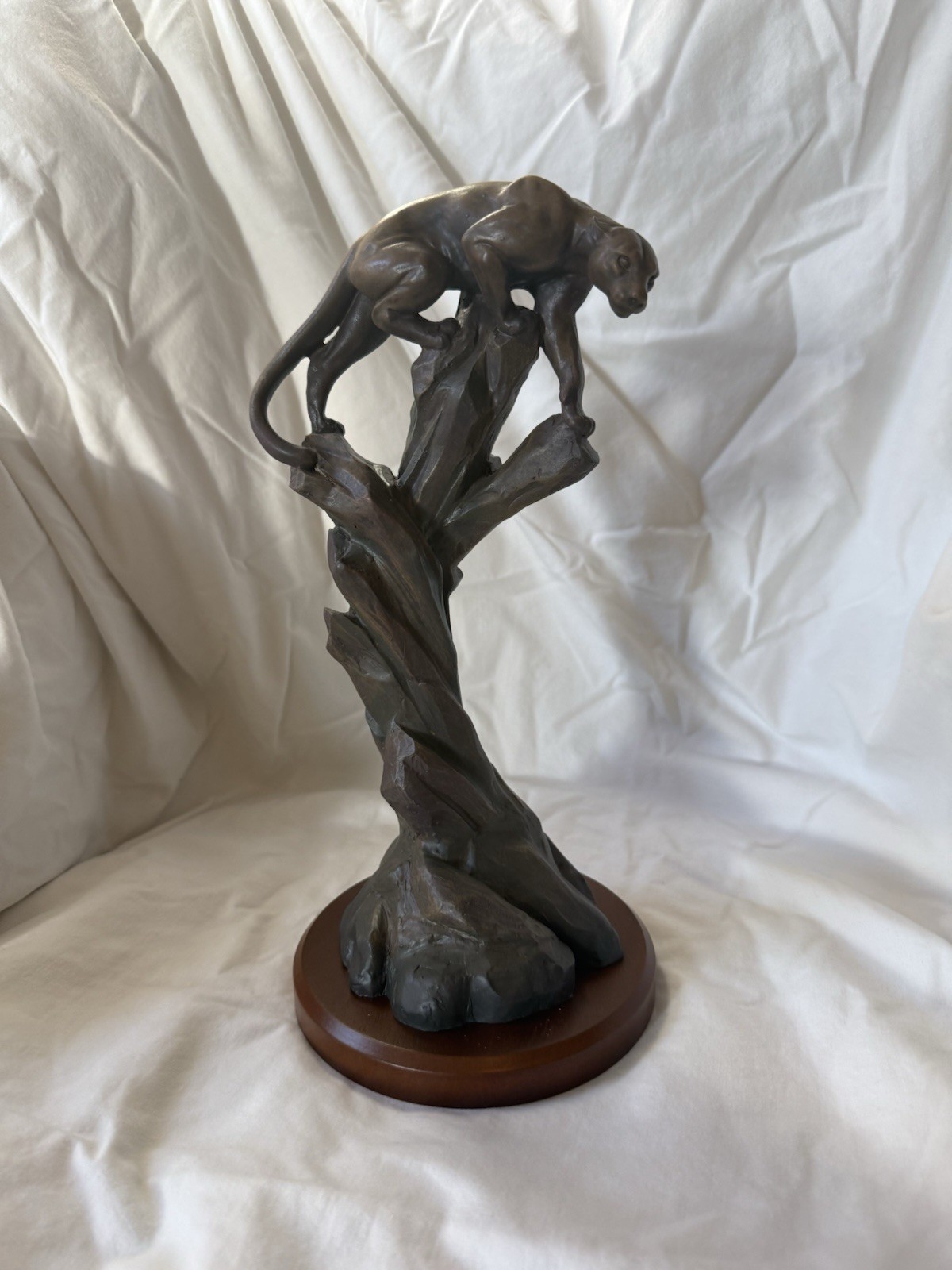 Primal Visions Mtn Vision Cougar Resin Sculpture w/ Wood Base - Kitty Cantrell 