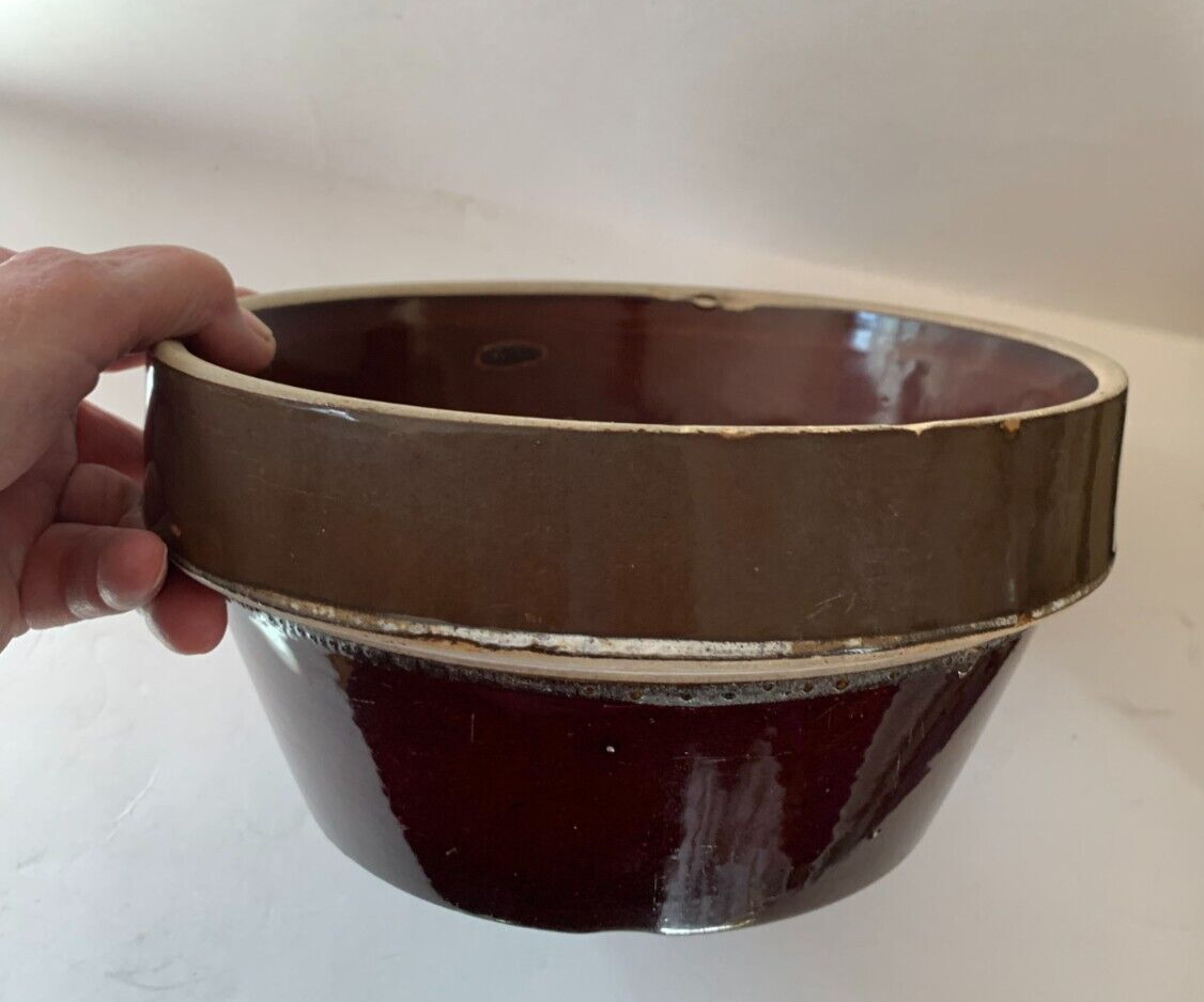 Vtg Brown & Cream Stoneware Mixing Bowl Wide Rim Shoulder Band, Straight Sides