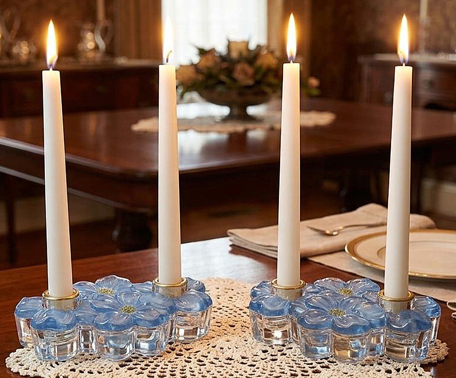 Vtg Pair Colony Glass Candleholders Blue Dogwood Flower Double Taper 7.25