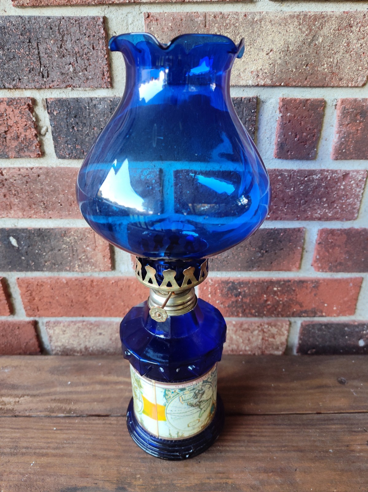 Map Motif - Vintage Cobalt B Glass Small Oil Kerosene Lamp - Hong Kong - 8” Tall Map Motif - Vintage Cobalt B Glass Small Oil Kerosene Lamp - Hong Kong - 8” Tall