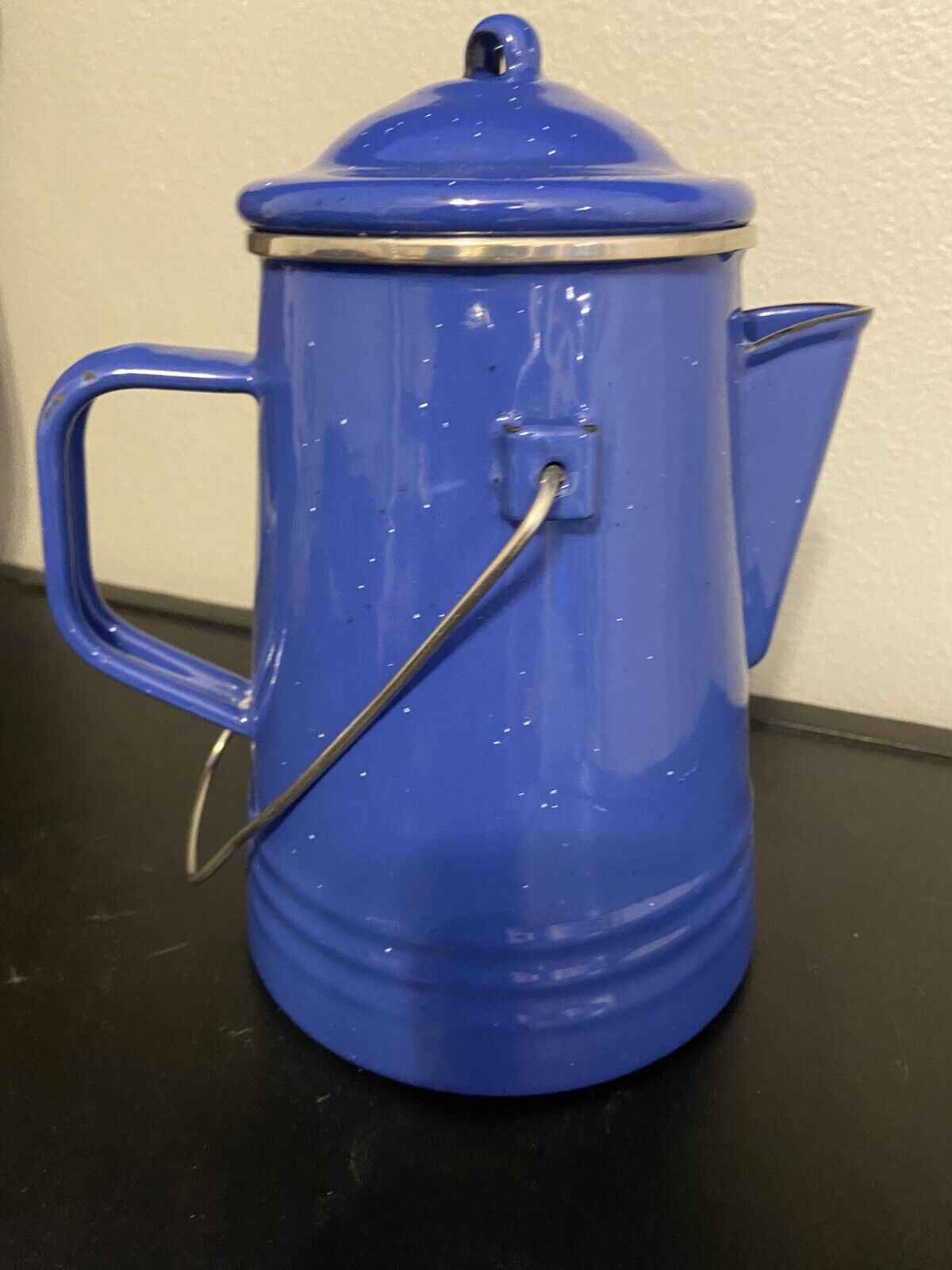 Blue Speckled Enamelware Coffee Pot w/ Carry Handle and Lid Vintage Unbranded