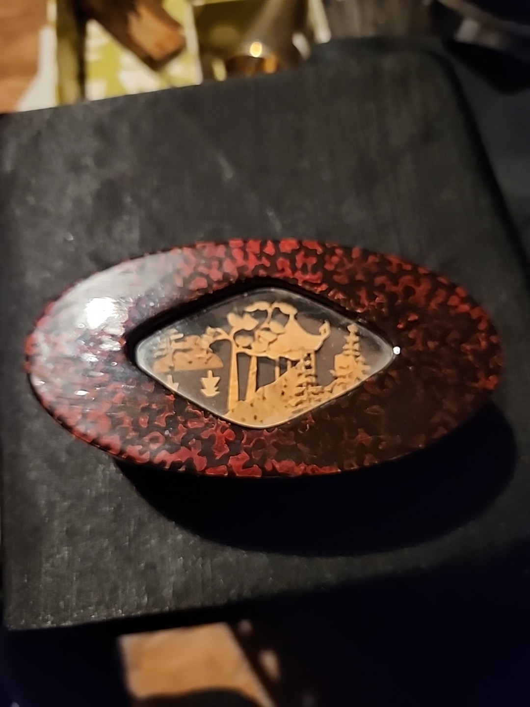 Asian Cork Art Trinket Box Tortise Shell Trees Mountains Pagoda Asian Cork Art Trinket Box Tortise Shell Trees Mountains Pagoda