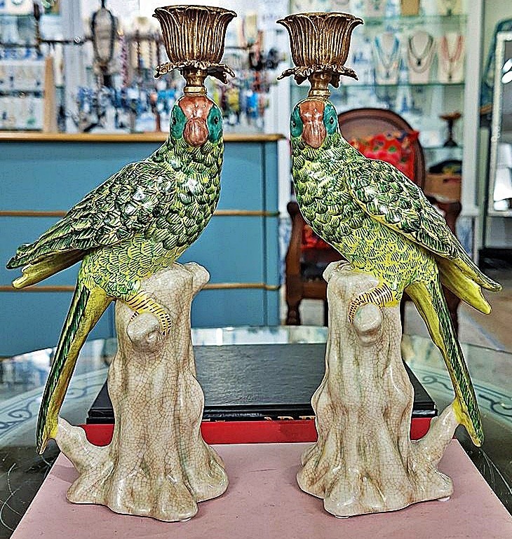 Pair of Green Porcelain Parrot Candle Holders. Bronze. Hand Painted - 10