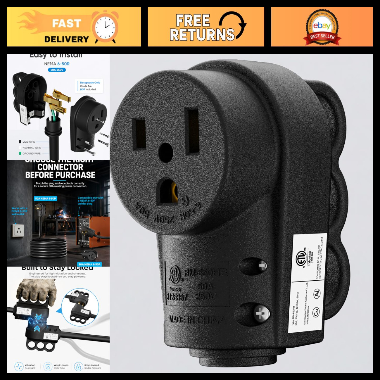 1 Pack Nema 6-50R 50Amp 250V Female Welder Receptacle, 220v Female Plug 50A 250V