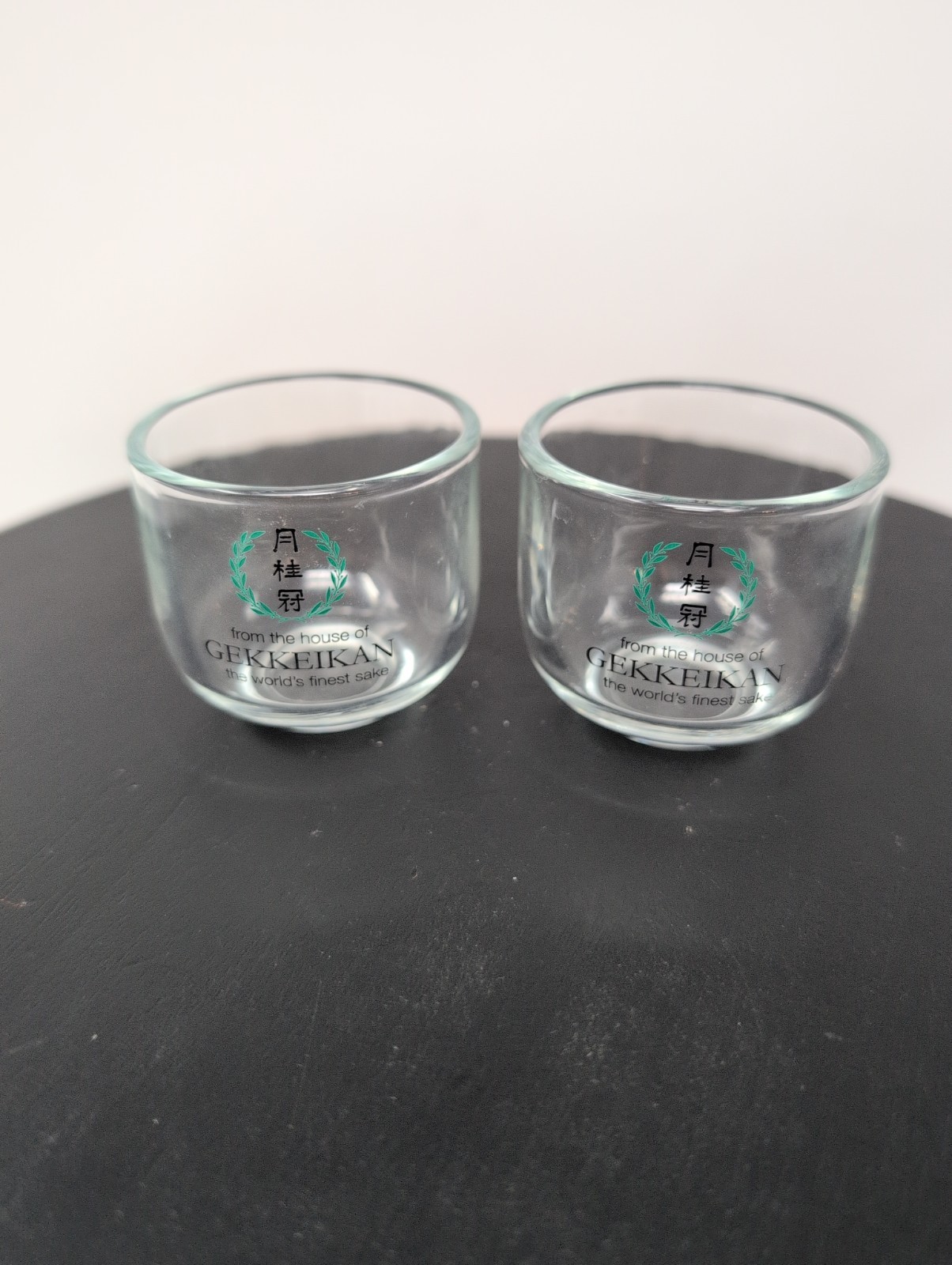 Vintage Gekkeikan Sake Glass Ochoko Cups Clear Logo Set of 2 Japanese Barware