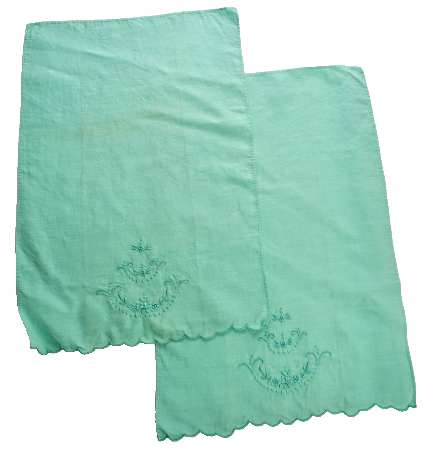 VTG c1940s–1950s Embroidered Cotton Dresser Scarf Aqua Floral Tray Liner 17 x 11