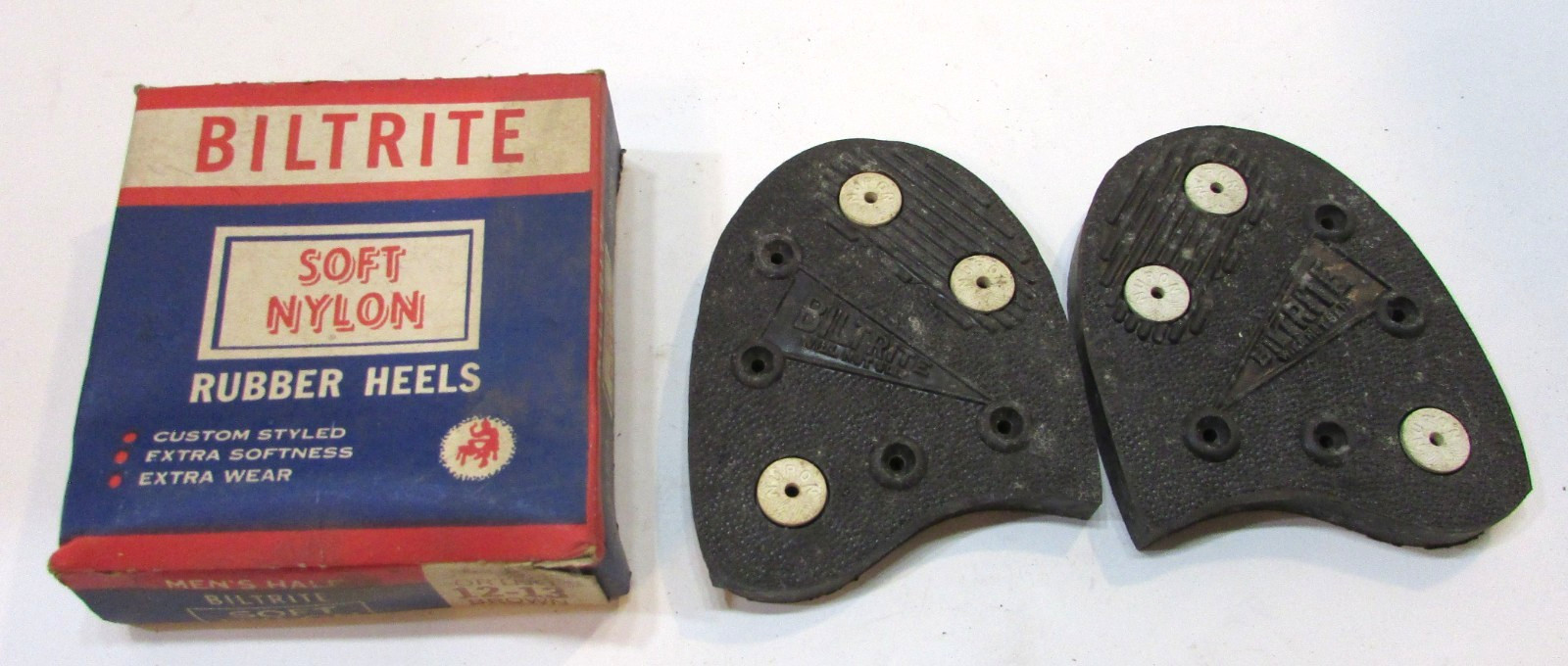Unused Vintage Biltrite Black Nylon Mens Ortho 12-13 Shoe Heels in Original Box