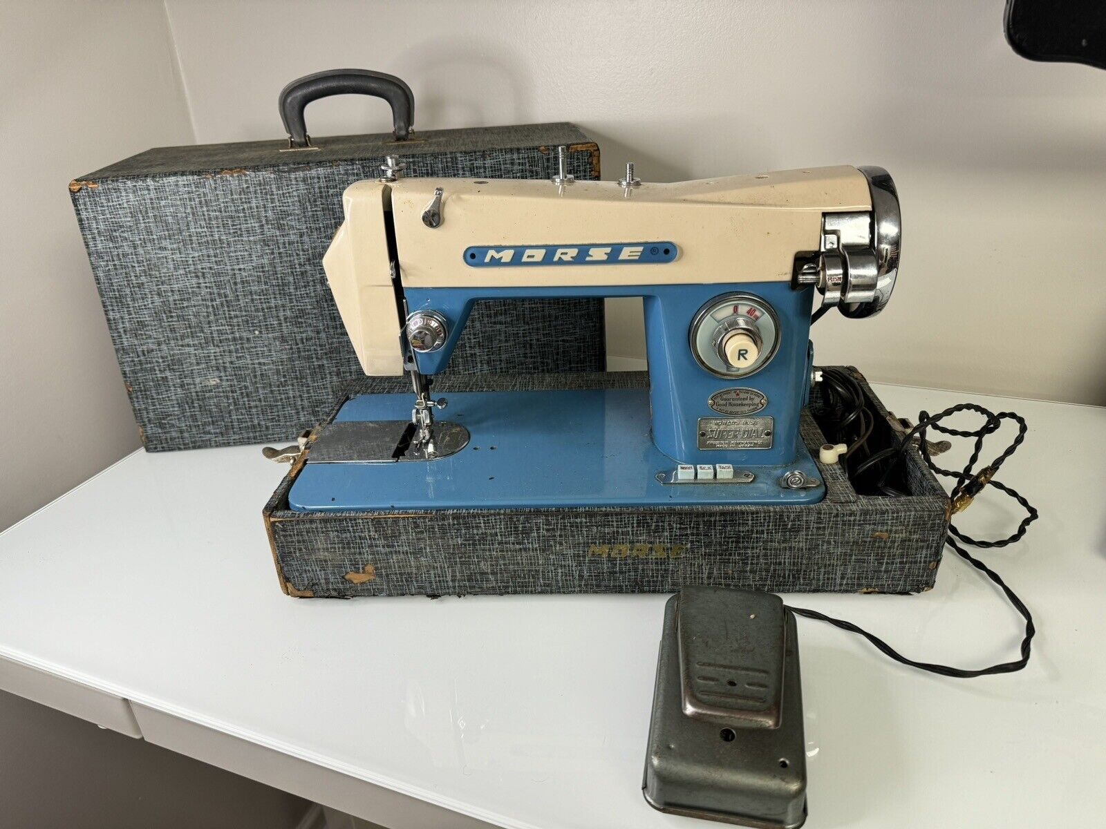 Vintage Morse Super Dial Sewing Machine Blue With Case Power Tested Working 