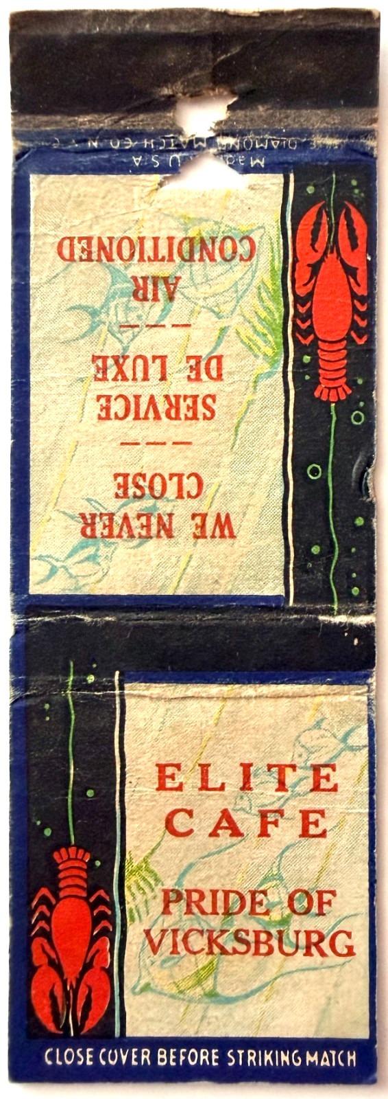 1940s Elite Cafe Restaurant Matchbook Cover Vicksburg Mississippi Vintage
