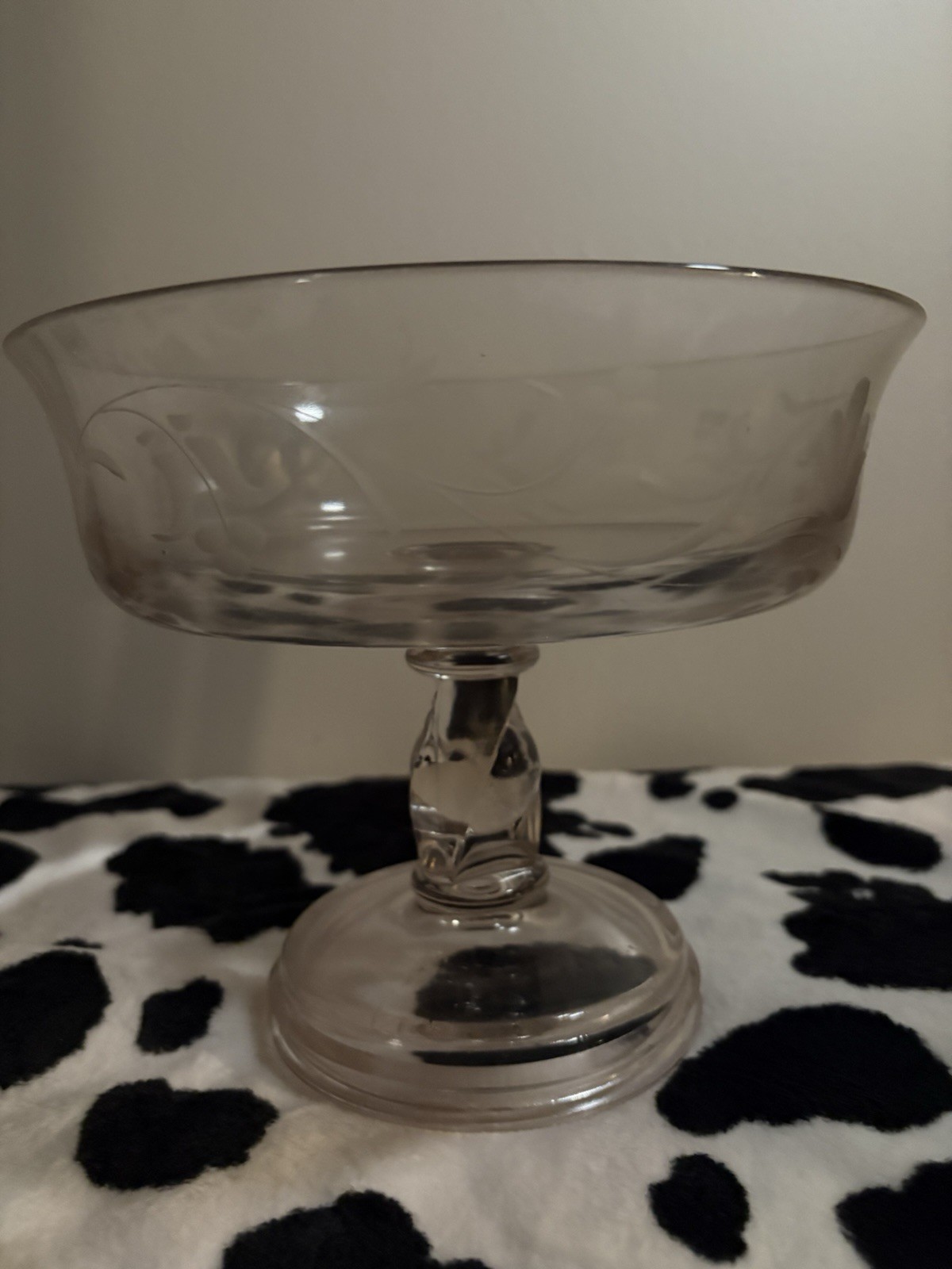 Vintage  Glass Pedestal Compote Bowl Etched Floral Centerpiece 7”
