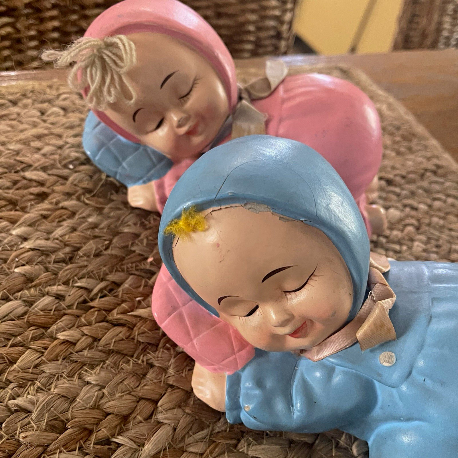 Lot of 2 Vintage Sleeping Baby Character Ceramic Piggy Banks Pink & Blue