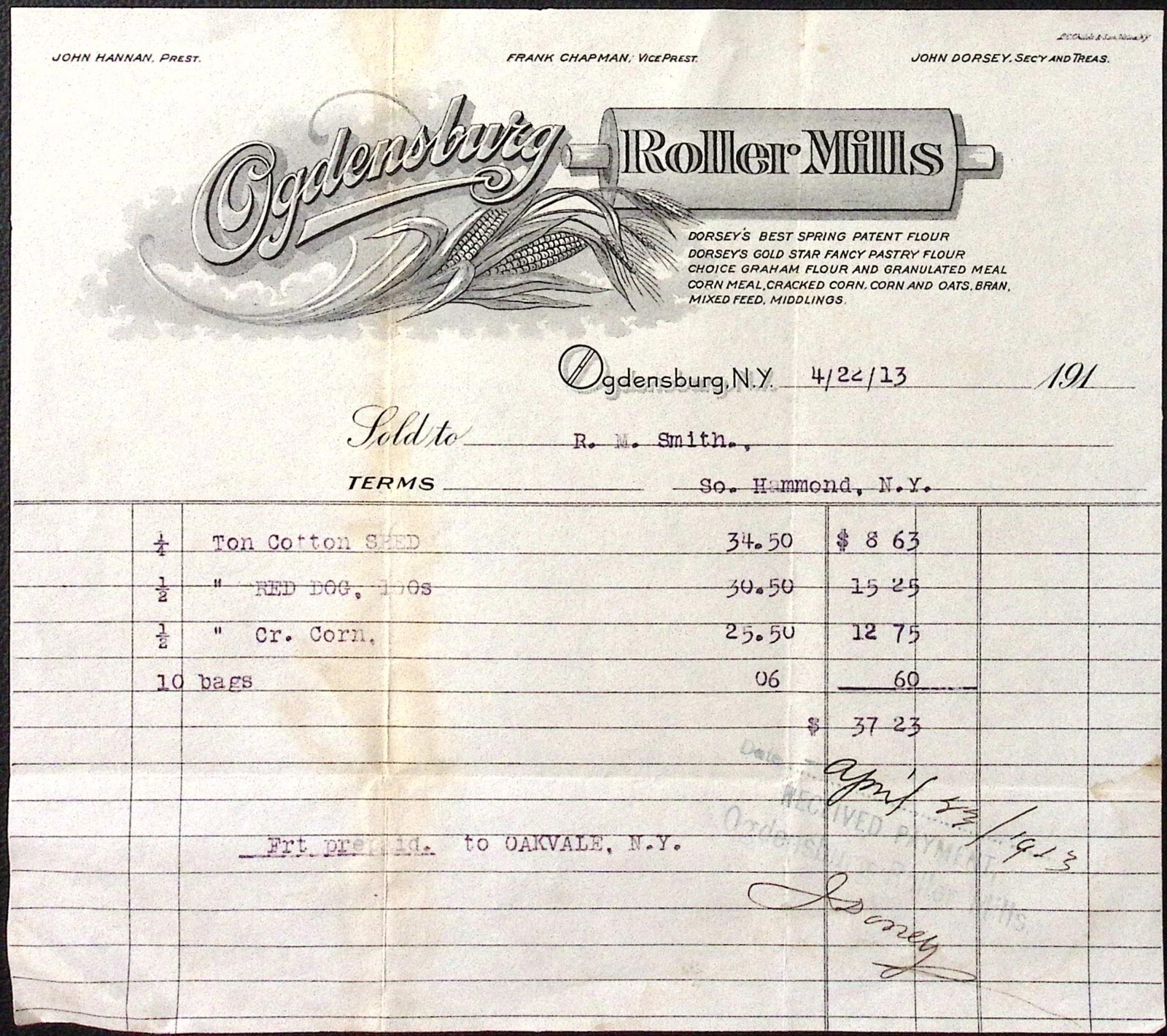 1913 Ogdensburg Roller Mills Ogdensburg NY Billhead 7.25\