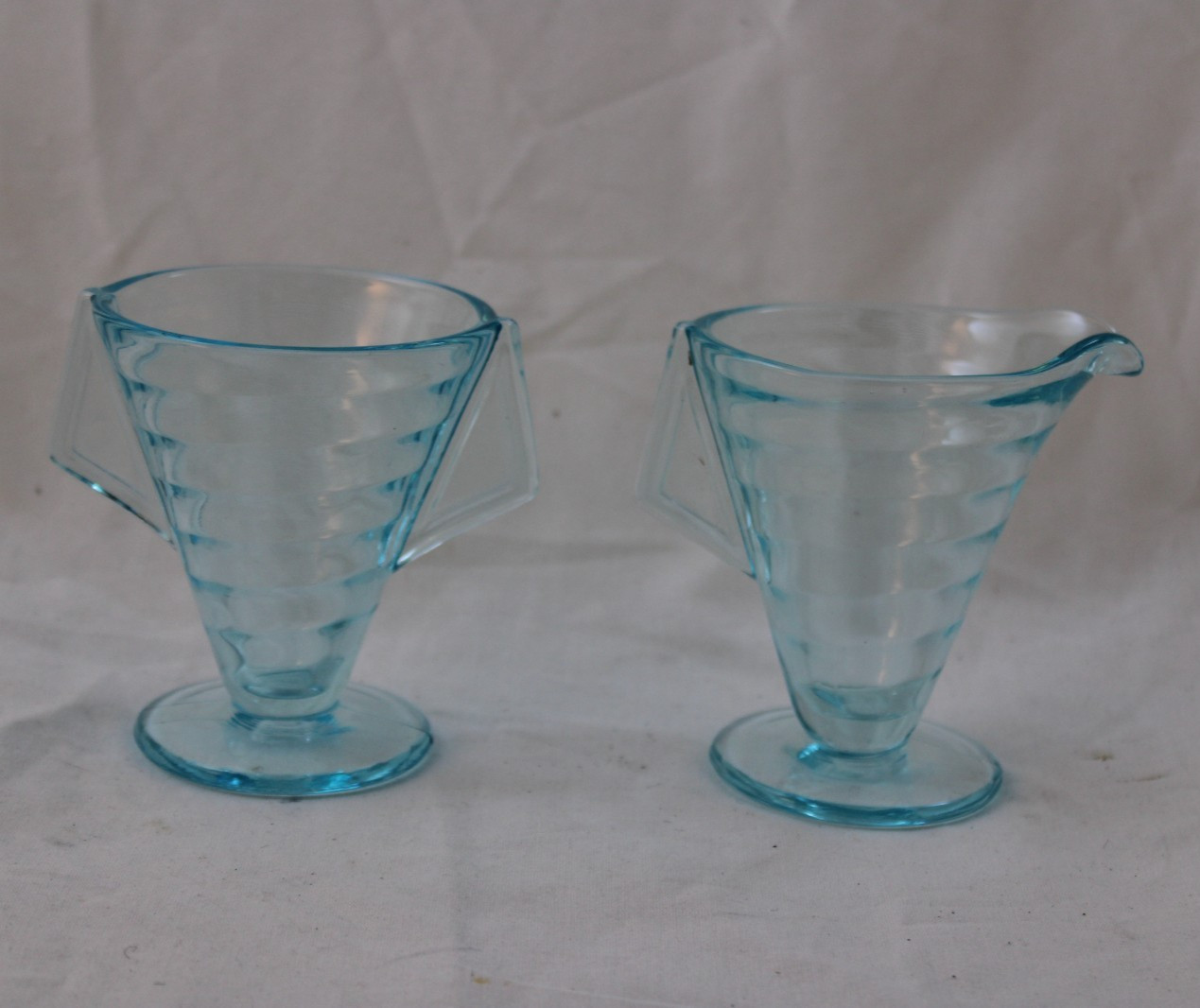 Westmoreland Huxford 1707 Optic Spiral Sugar & Creamer Vtg 1920s Ice Blue Footed