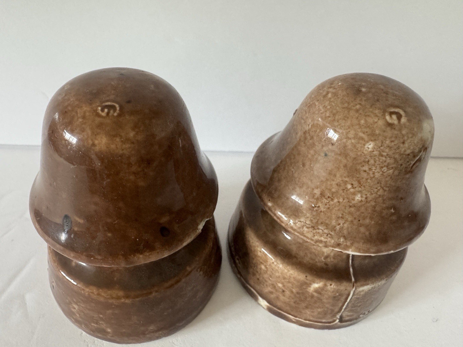 Lot 2 Ceramic Electrical Insulators Vintage Light Brown “G” Logo Stamp Porcelain