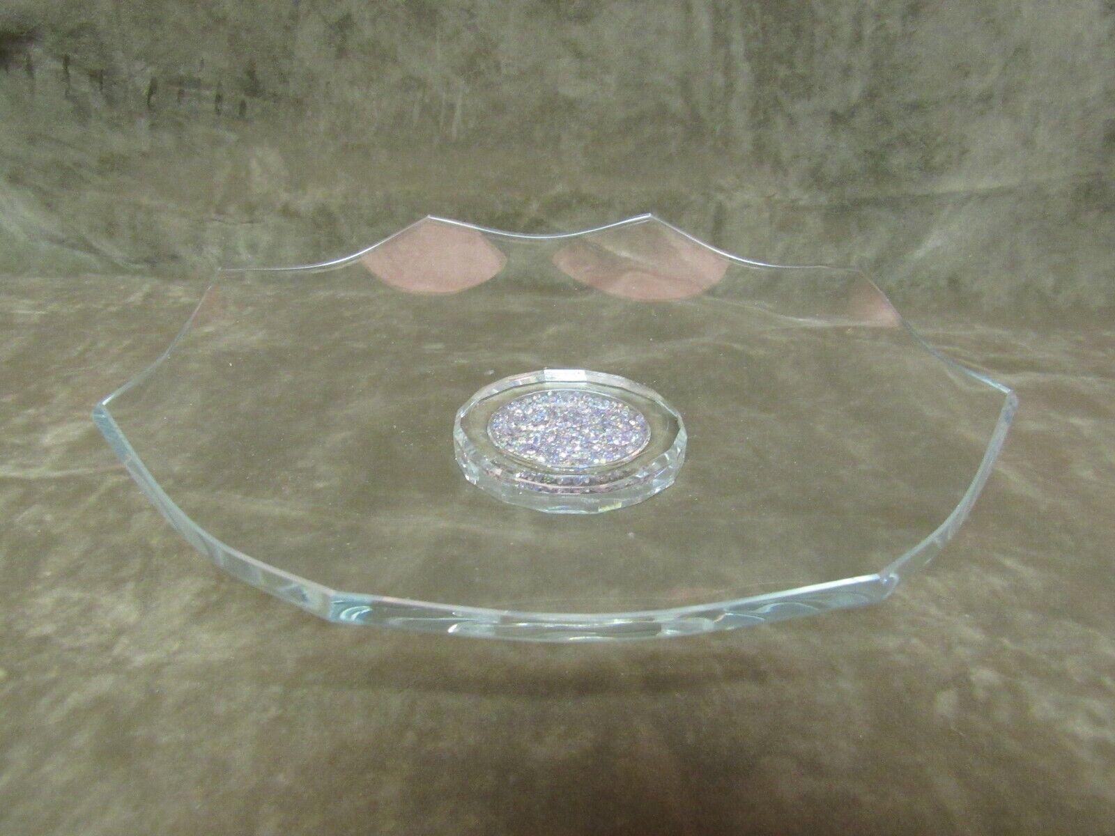 Vintage Signed Oleg Cassini Crystal Glass Bowl Diamond Pattern Scalloped Edge