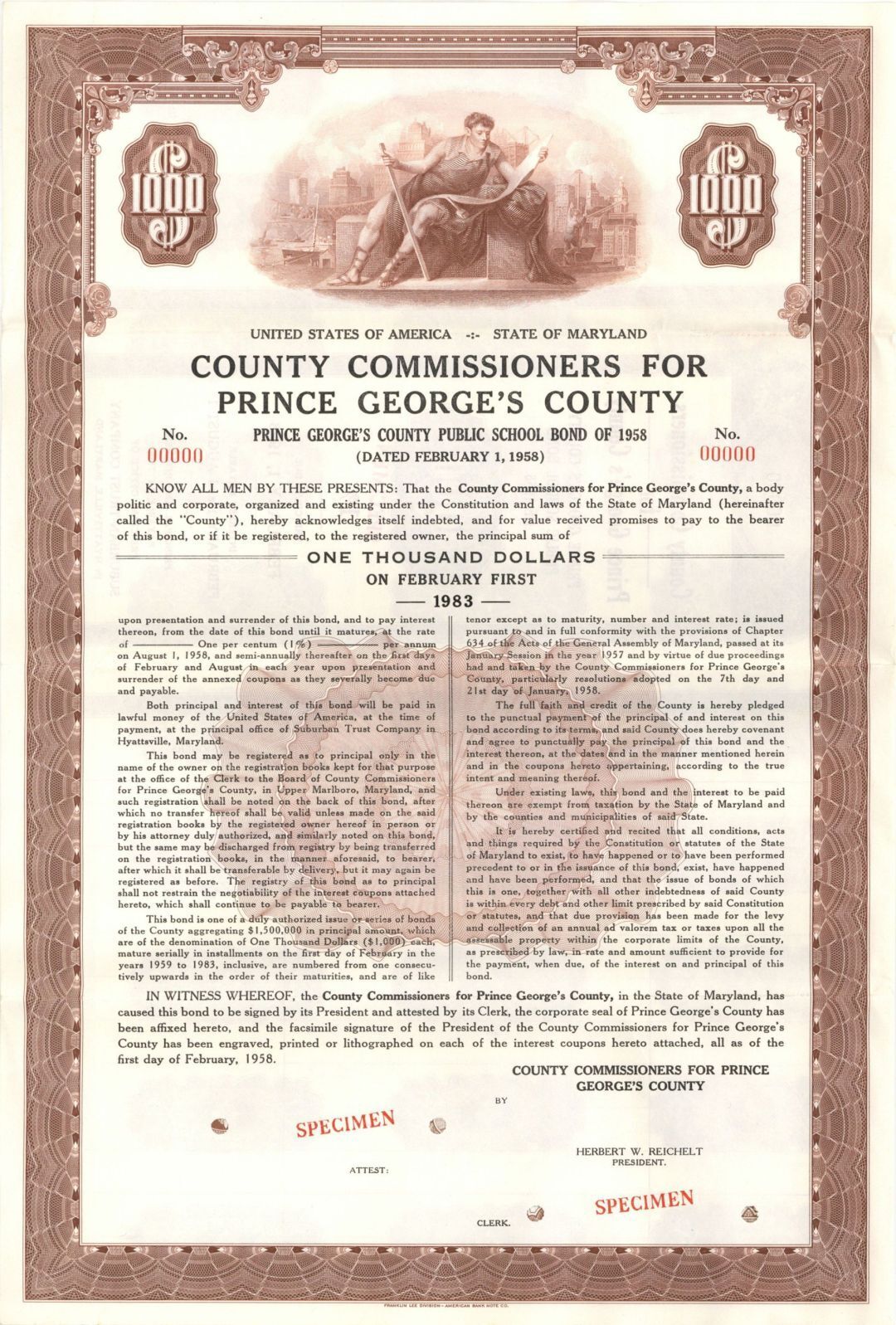 County Commissioners For Prince George\'s County - $1,000 Specimen Bond - Specime