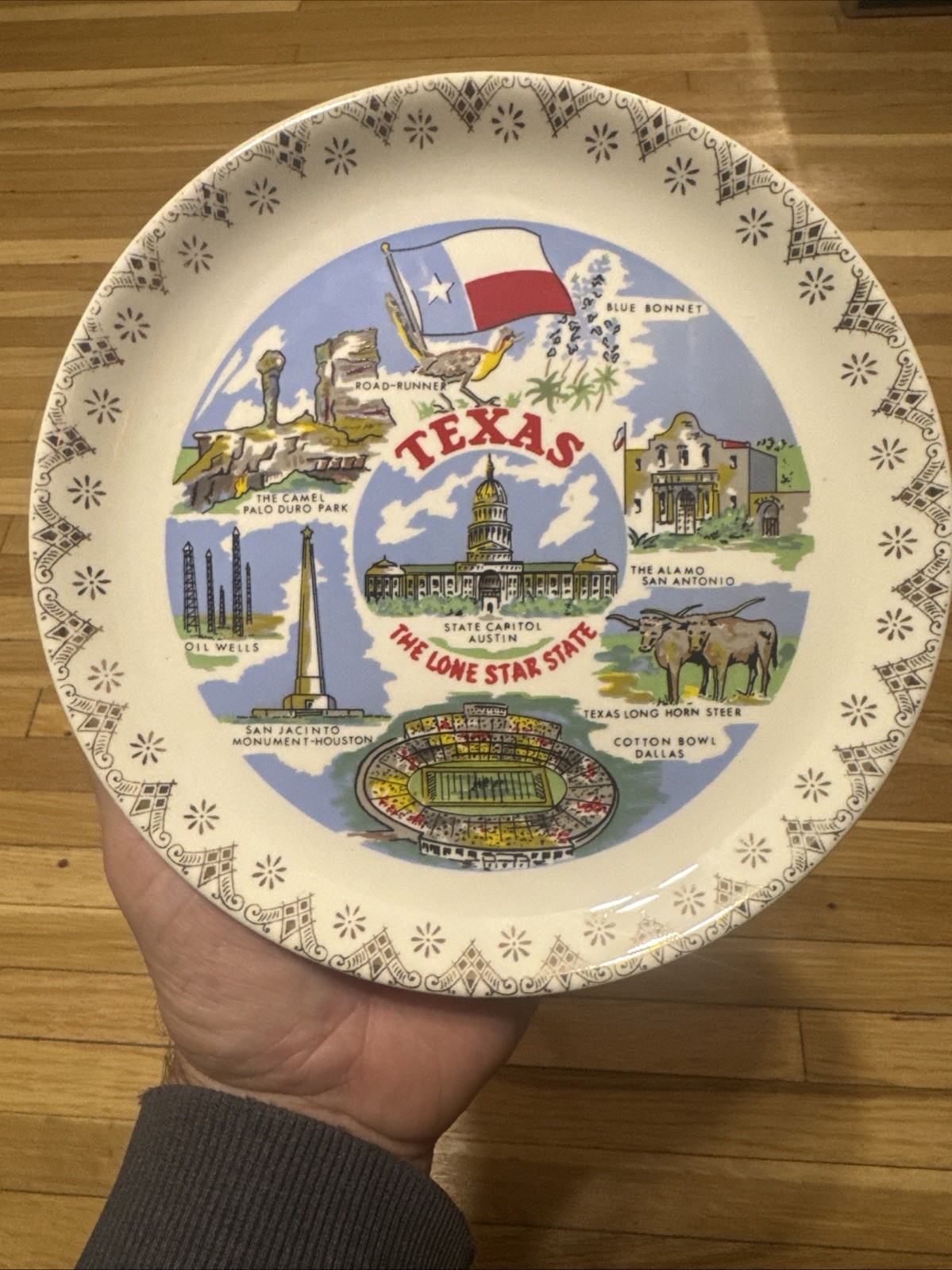 Vintage Texas State Souvenir Plate Cotton Bowl Alamo Capitol Landmark Decor