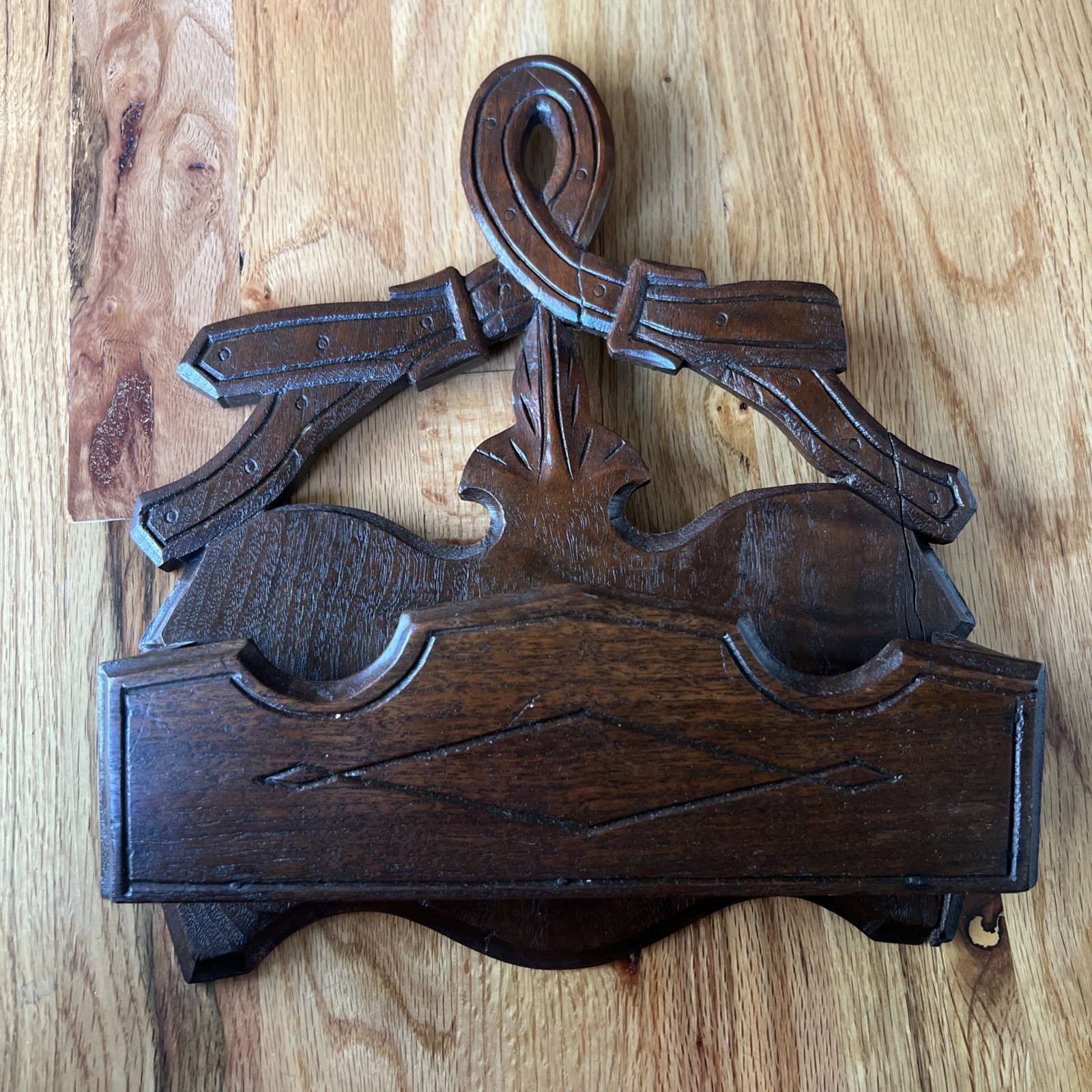 Vintage Ornate Wood Wall Pocket Letter Holder Carved Rustic Decor Repair