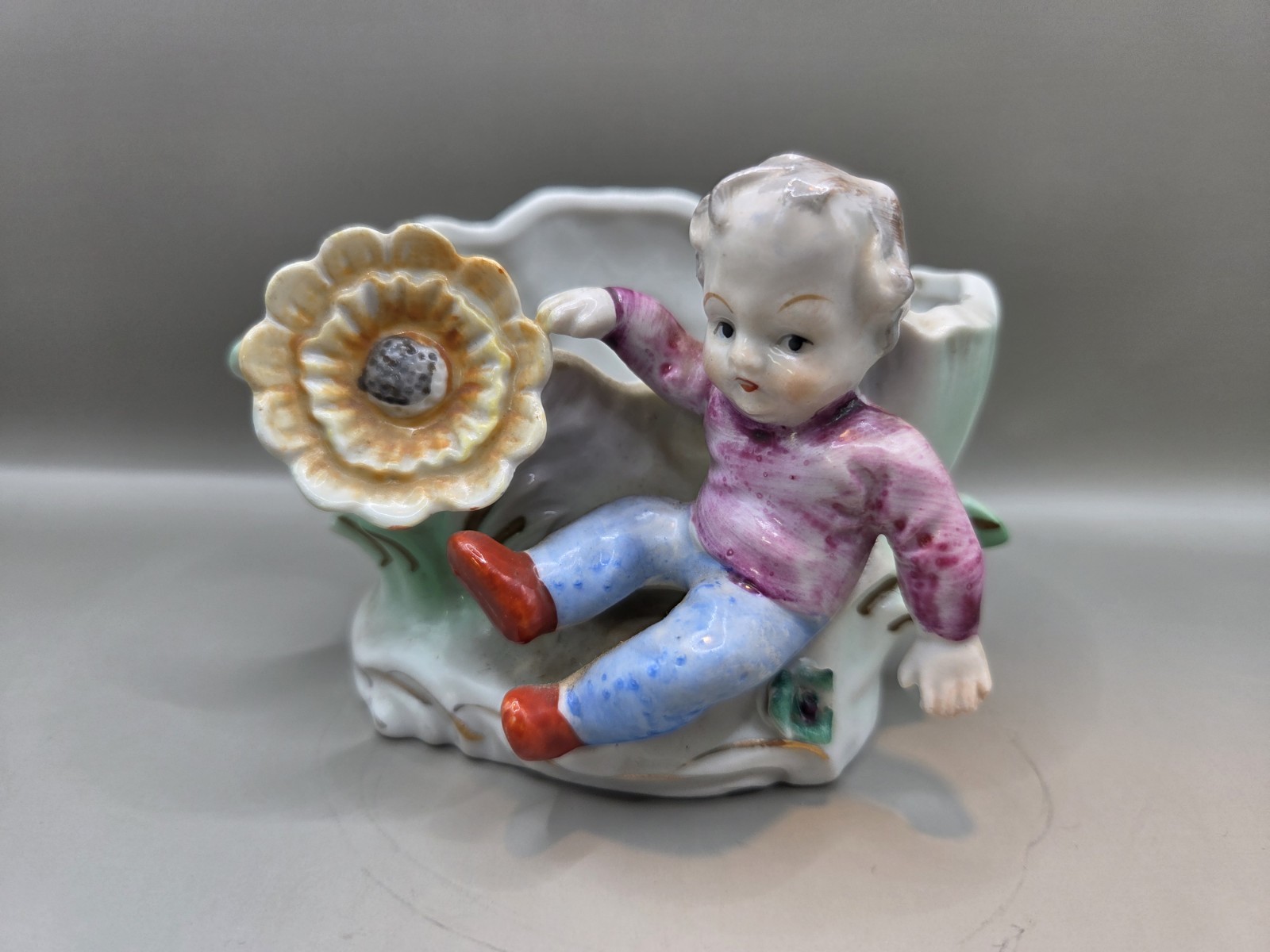 Vintage Ceramic Bisque Vase Planter Little Boy Daisy Lettuce Leaves Garden