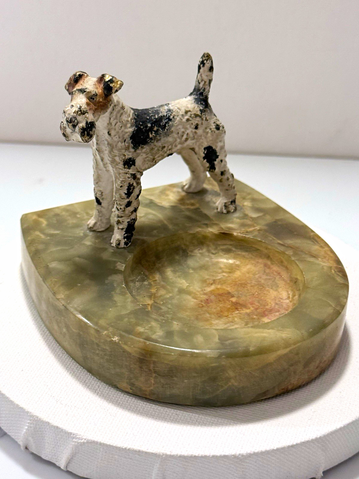 Vintage Wire Fox Terrier Dog Figurine Green Onyx Ashtray Cast Metal