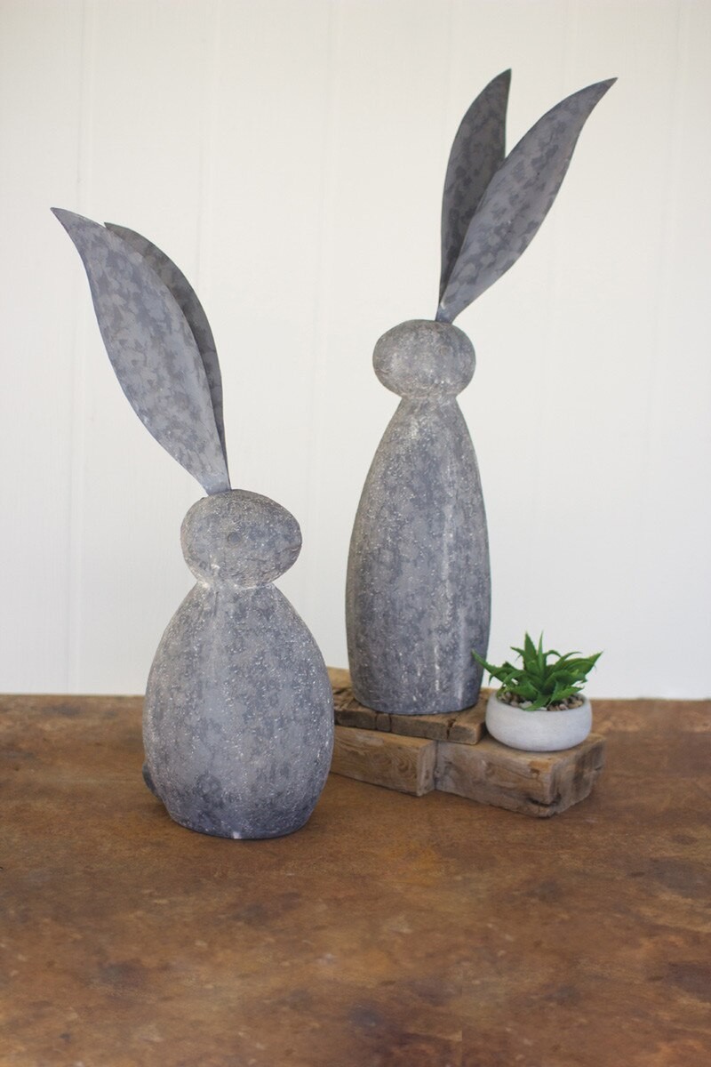 Short Faux Stone Rabbit With Tall Metal Ears Perfect For Easter Garden Decor