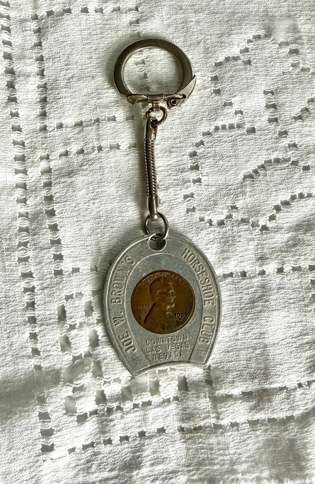 Vintage 1957 Joe W. Brown Horseshoe Club Las Vegas Encased Lucky Penny Keychain