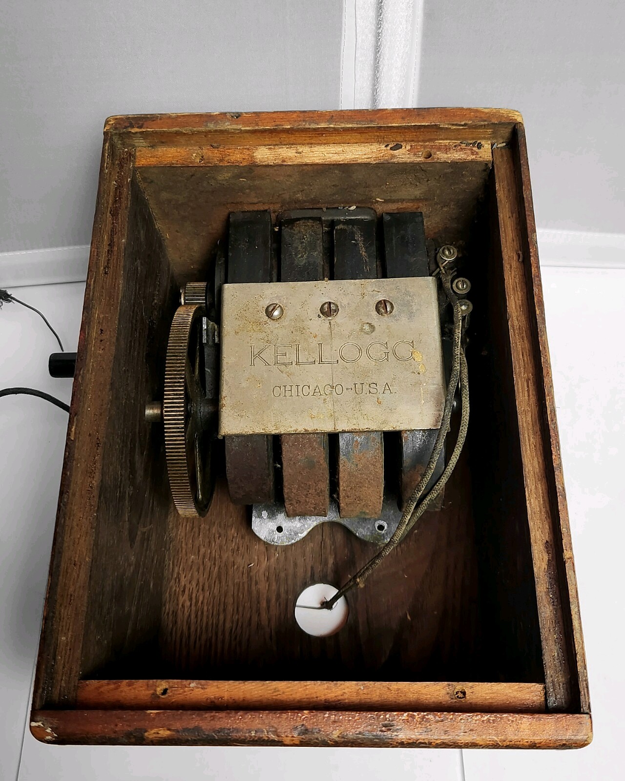 Antique Kellogg Wall Crank Ringer Box with Magneto & Oak Cabinet (Chicago, USA)