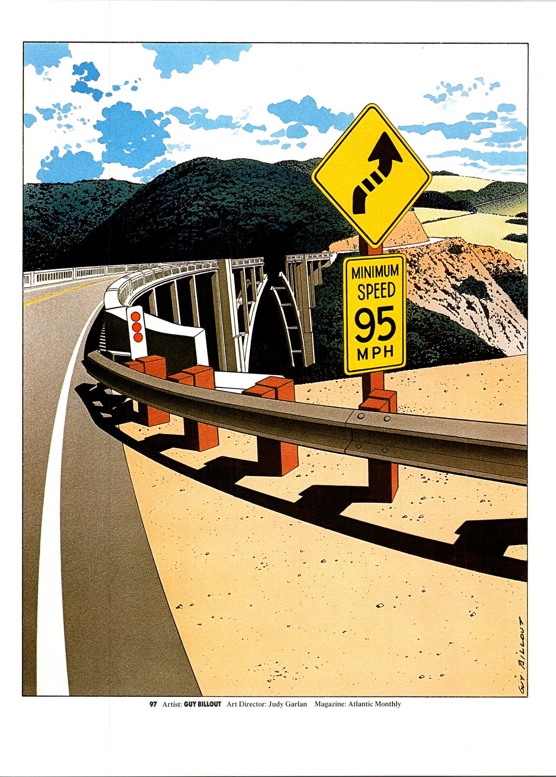 Guy Billout - Paved Roadway Curves Left Across a Bridge 1987 Art Print A23