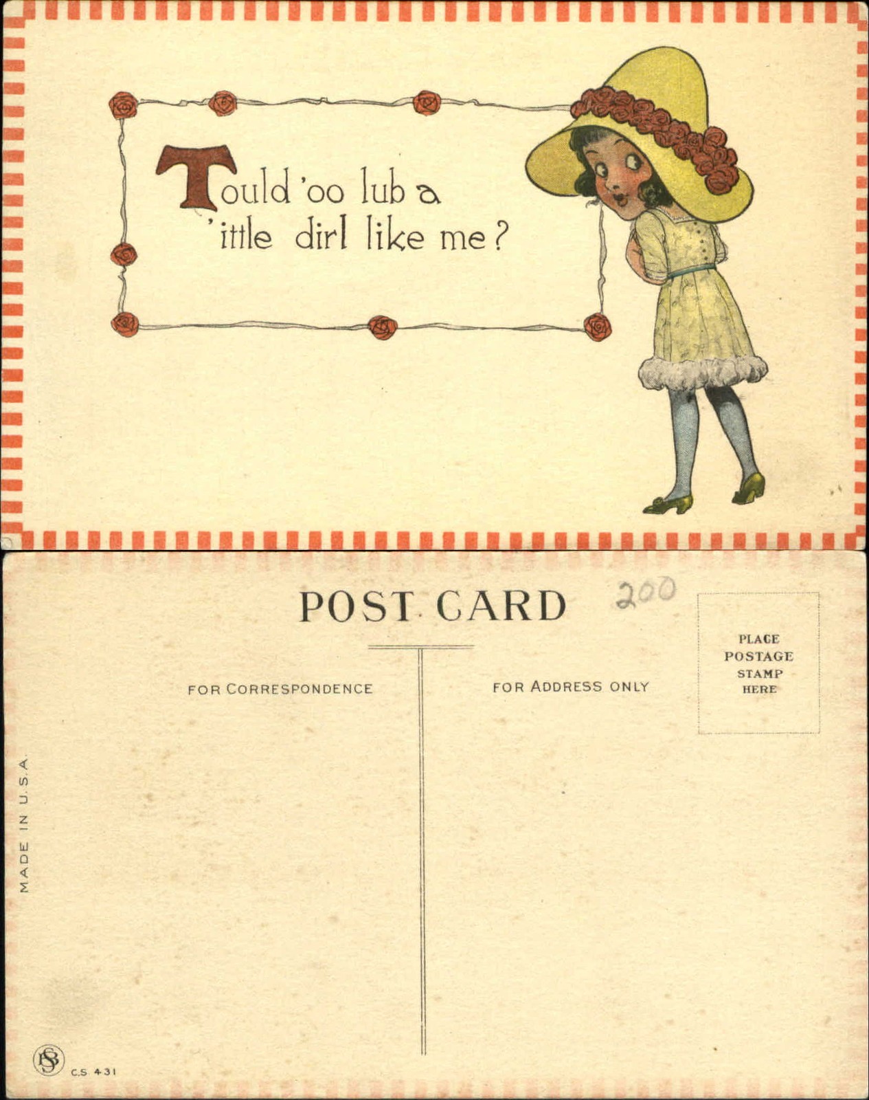 COULD YOU LOVE A LITTLE GIRL LIKE ME? Fashion big hat artist drawn ca. 1910