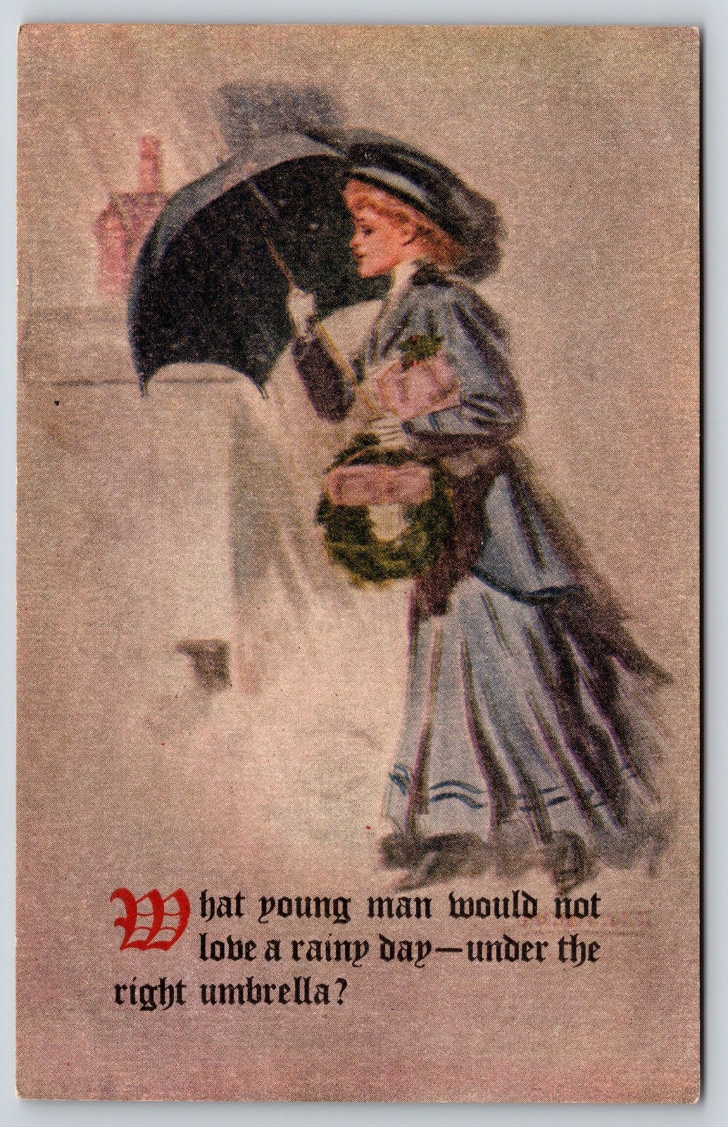 Victorian Lady In Rain w/Umbrella~Packages~Young Man Poem~c1910 Vintage Postcard